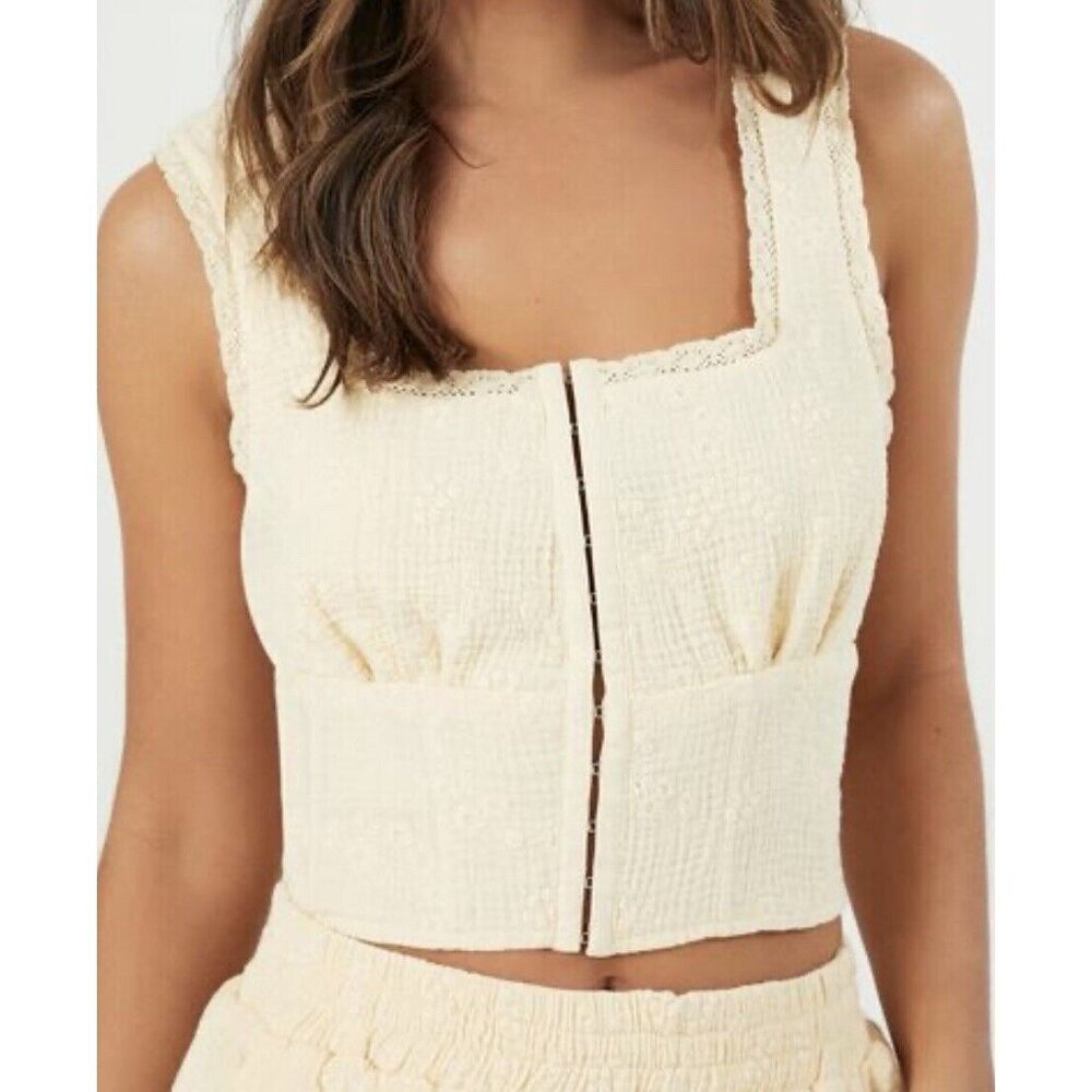 Forever 21 Soft Yellow Gauze Peasant Corset Floral Crop Tank Blouse Size Lβ